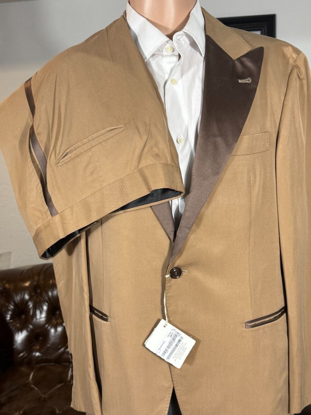 New Brunello Cucinelli Silk Tuxedo 2pc Peak Lapels Caramel Brown 50R 40 36x29